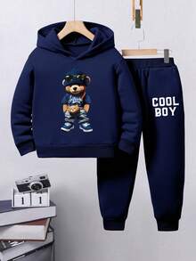 Zestaw dla chłopca: bluza z kapturem i spodnie dresowe z nadrukiem niedźwiedzia w kreskówkowym stylu, jesień