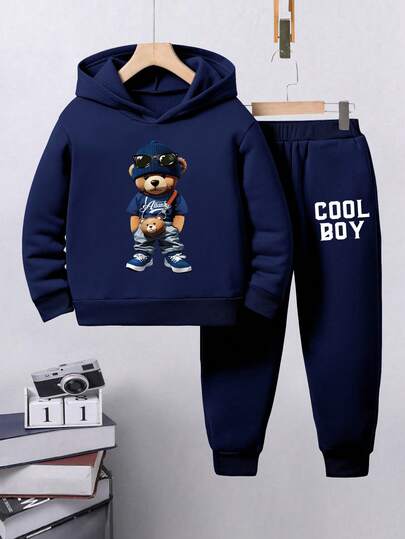 Set de hanorac și pantaloni de trening călduroși cu imprimeu de ursuleți pentru băieți, toamnă