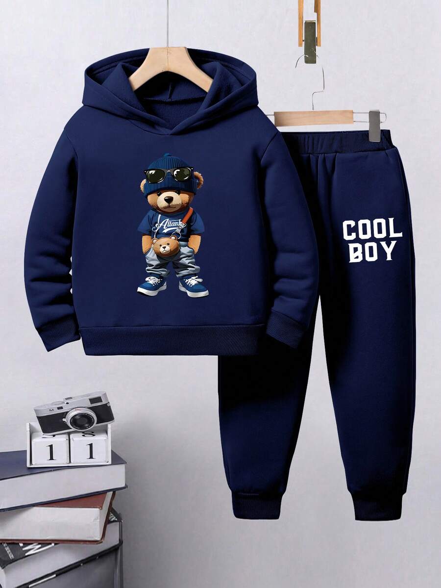 Zestaw dla chłopca: bluza z kapturem i spodnie dresowe z nadrukiem niedźwiedzia w kreskówkowym stylu, jesień