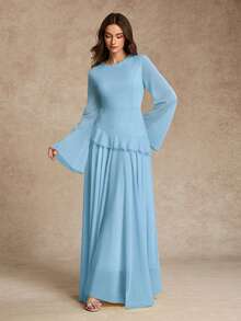 Women's Elegant Ruffle Trim Tie-Waist Flare Sleeve Dress, Spring/Summer - Baby Blue - View 2