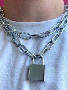 1pc Fashionable Metal Lock Chain Necklace, Unisex Hip Hop Style Metal Silver Pendant Necklace Suitable For Parties, Gatherings, Street Activities