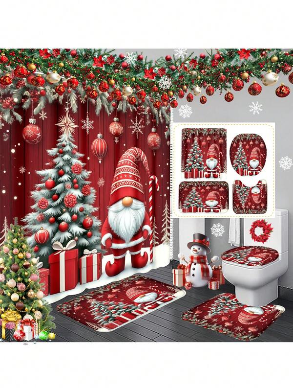 1pc/4pcs Christmas Gnome Shower Curtain Set, Christmas Tree & Snowflake Themed Bathroom Set, Shower Curtain With 12 Hooks, Bath Rug, U-Shaped Toilet Mat, Toilet Lid Cover, Bathroom Divider, Bathroom Accessories, Bathroom Decor