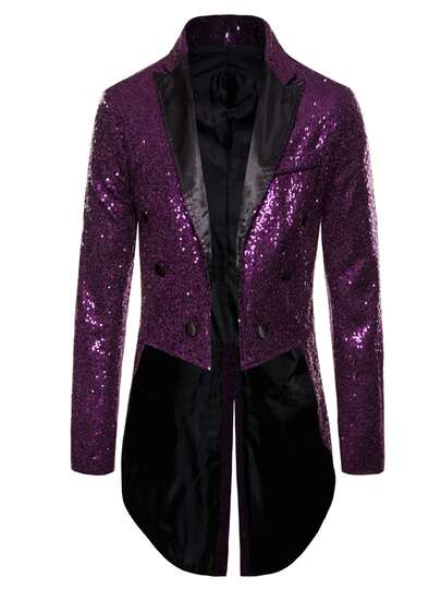 Menacute;S Suit, Shiny Sequins Turn-Down Collar Long Sleeve Nightclub Prom Swallow-Tailed Tuxedo For Male