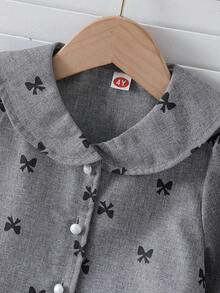 2pcs/Set Toddler Girls' Fashion Casual Cute Pearl Button Collar Lace Trim Blouse + Lace Trim Pleated Skirt - Grey - View 4