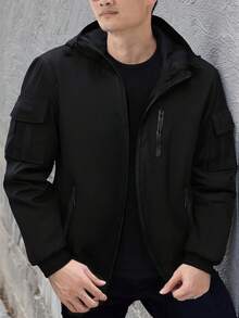 秋冬季保暖内衬户外休闲运动多口袋连帽夹克，男士款，轻便拉链保暖外套，适合徒步、钓鱼、跑步、休闲户外活动，是送给男友、丈夫、父亲的绝佳礼物，抓绒材质。 - 黑色 - 查看 2