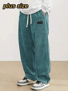 Plus Size Men's Corduroy Straight Leg Retro Pants, Drawstring Elastic Waist, Suitable For Casual, Sports, Hiking Wear, Spring/Autumn