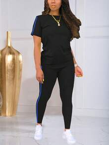 2pcs Striped Crew Neck Short Sleeve Sports Top & Pants Set Summer - 632 - View 3