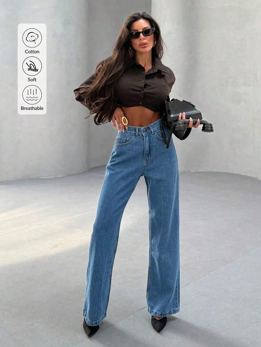 Damen Gerade Loose Lässig Jeans mit Taschen