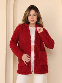 Plush Coat Teddy Blouse With Hood And Pocket - 紅色 - 查看 1