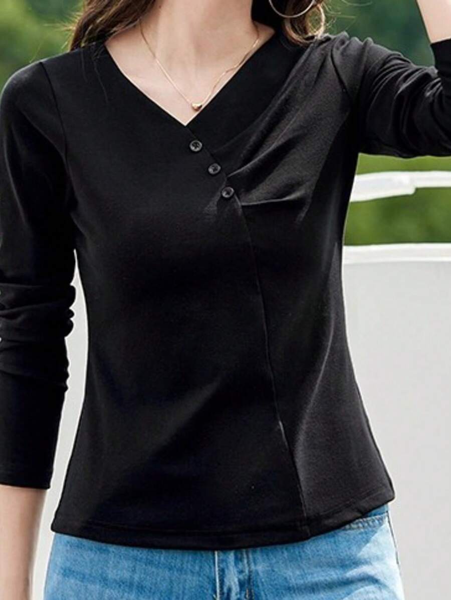 V-Neck Pleated Long Sleeve T-Shirt For Women, 2025 Autumn New Arrivals, Slim Fit, Versatile, Undershirt