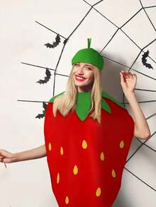 一套男女通用的嘉年华派对表演草莓水果套装，包含头饰，适合各种节日派对和青少年舞会。亮红色和绿色的涤纶混纺面料，是理想之选。