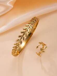 2pcs Minimalist Geometric Leaf 18K Gold Plated Stainless Steel Bracelet & Ring Jewelry Set, Suitable For Teenage Girls Daily Wear