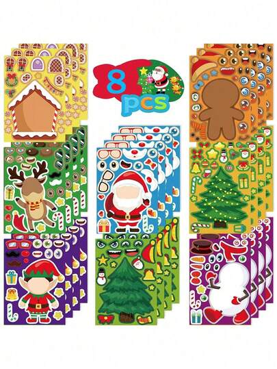 1pack/8pcs Christmas Make A Face Assembly Stickers DIY Diary Laptop Luggage Skateboard Graffiti Stickers Fun Classic Party Decoration,Random Shape