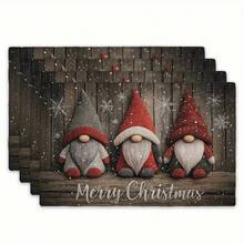 4 pièces/6 pièces Napperon de Noël avec gnome rouille et gris, décoration de table de fête vintage avec impression de flocons de neige sur fond en bois. Accessoire de décoration de table pour rassemblement familial et célébration des fêtes. Tapis de table de Noël en lin de 32x42cm, convient pour la décoration intérieure/extérieure et les fêtes de cuisine. Pour la décoration de table à la maison. - Multicolore - Voir 1