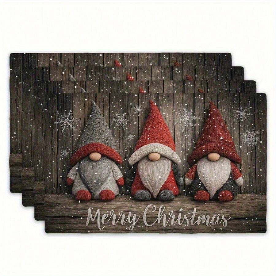 4 pièces/6 pièces Napperon de Noël avec gnome rouille et gris, décoration de table de fête vintage avec impression de flocons de neige sur fond en bois. Accessoire de décoration de table pour rassemblement familial et célébration des fêtes. Tapis de table de Noël en lin de 32x42cm, convient pour la décoration intérieure/extérieure et les fêtes de cuisine. Pour la décoration de table à la maison. - Multicolore - Voir 1