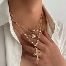 Gold Layered Cross Necklaces For Women, Stack Choker Vintage Pendant Cross Rhinestone Stacking Virgin Mary Necklace Dainty Waterproof Non Tarnish Summer Beachy Jewelry Gifts - 男士項鍊 - 查看 3