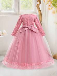 少女优雅花卉蕾丝网纱长袖花童礼服，不含头饰 - 藕粉色 - 查看 2