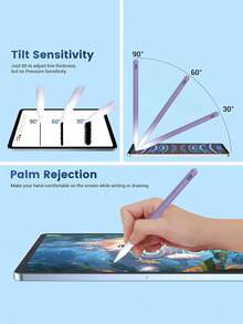 这款触控笔兼容 iPad 10.2 英寸（第十代）/10.9 英寸（2022 款）、iPad Air 4/5/6/M4、iPad A16（第十一代，2025 款）、iPad Air 11 英寸和 13 英寸（M3/M2）、iPad Pro 11 英寸/12.9 英寸。它支持防误触和倾斜感应，内置 90mAh 电池，采用电容式触控技术，适用于 iOS 平板电脑。颜色为紫白渐变色。 - 淡紫色 - 查看 5