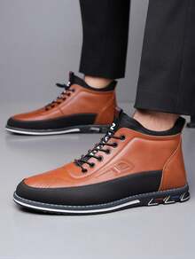 [Special Offer] Men's Color Block Leather High Top Casual Ankle Boots, Quick Release Lace-Up Closure Stitching Detail Non-Slip Wear-Resistant Sole Comfortable Lightweight Business Casual Footwear For Daily Commute, Outdoor Activities, Fall Winter Daily Wear - Yellow-brown - View 4