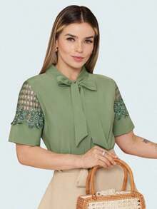 Women's Elegant Short Sleeve Bow Blouse - Green - View 3