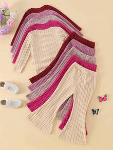 Conjunto de 10 piezas de top de manga larga y pantalones acampanados de punto acanalado suave y de unicolor para niñas, para otoño/invierno - Multicolor - Ver 2