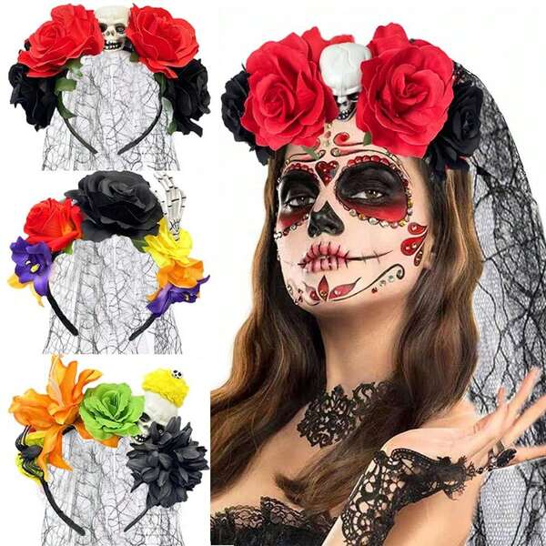 2025 Halloween Flower Skull Headband For Women With Ghost Hand And Veil, Cosplay Hair Hoop For Day Of The Dead Masquerade Parade Costume Accessories, Hair Band,