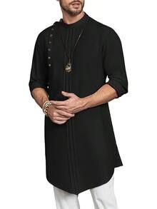 Mens Long Sleeve Robe Gown Casual Cotton Linen Button Muslim Shirt - Negro - Ver 3