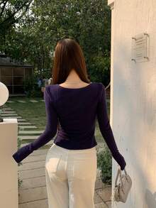 全新蕾丝长袖打底T恤，短款修身V领上衣 - 藏蓝色 - 查看 6