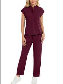 2pcs/Set All-Over Print Stand Collar Top And Pants Pajama Set - Redwood - View 4