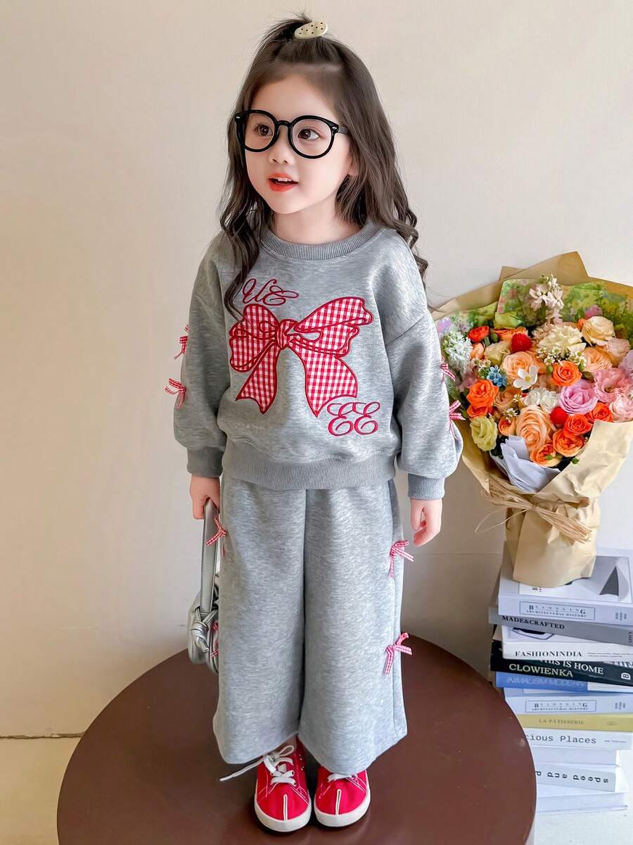 Girls Cute Casual Pullover Set, Girls Loose Fit Sweatshirt Two Pieces Outfit With Bow Decor, Spring/Autumn