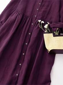 Women's V-Neck Open Front Casual Elegant 3/4 Sleeve Loose Midi Dress, Autumn/Spring