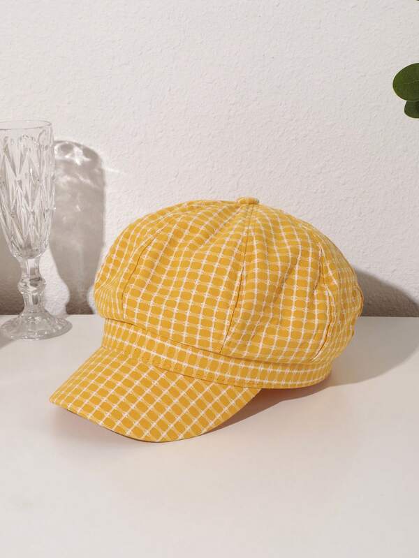 1pc Women's Patchwork Plaid Fabric Oversized Soft Top Beret Hat, Korean British Style, Casual Wear For Daily And Outdoor