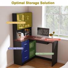 L-Shaped Corne Computer Desk With Glass Cabinets, Built-In LED Lights & USB Charging Ports, Ergonomic Office Desk With Keyboard Tray For Home Office, Gaming, Corporate Workspaces(Black) - View 6