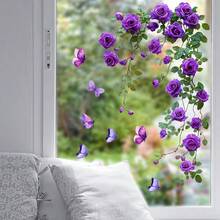 Autocolant autoadeziv cu trandafir violet și fluture pentru sticlă, autocolant floral detașabil pentru casă, baie, decorare fereastră, decor de perete, decor cameră, autocolante de perete, autocolante de perete, decor pentru casă