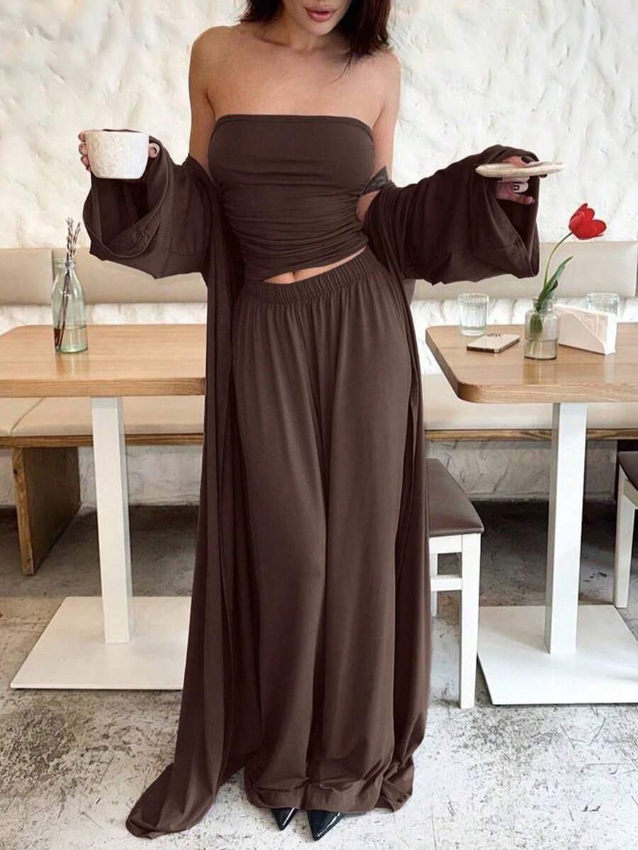 Women 3 Piece Lounge Set With Long Cardigan Coat Sleeveless Tube Top And Wide Leg Pants Matching Outfit Travel Airport Casual Streetwear LoungewearSet - 咖啡棕 - 查看 1