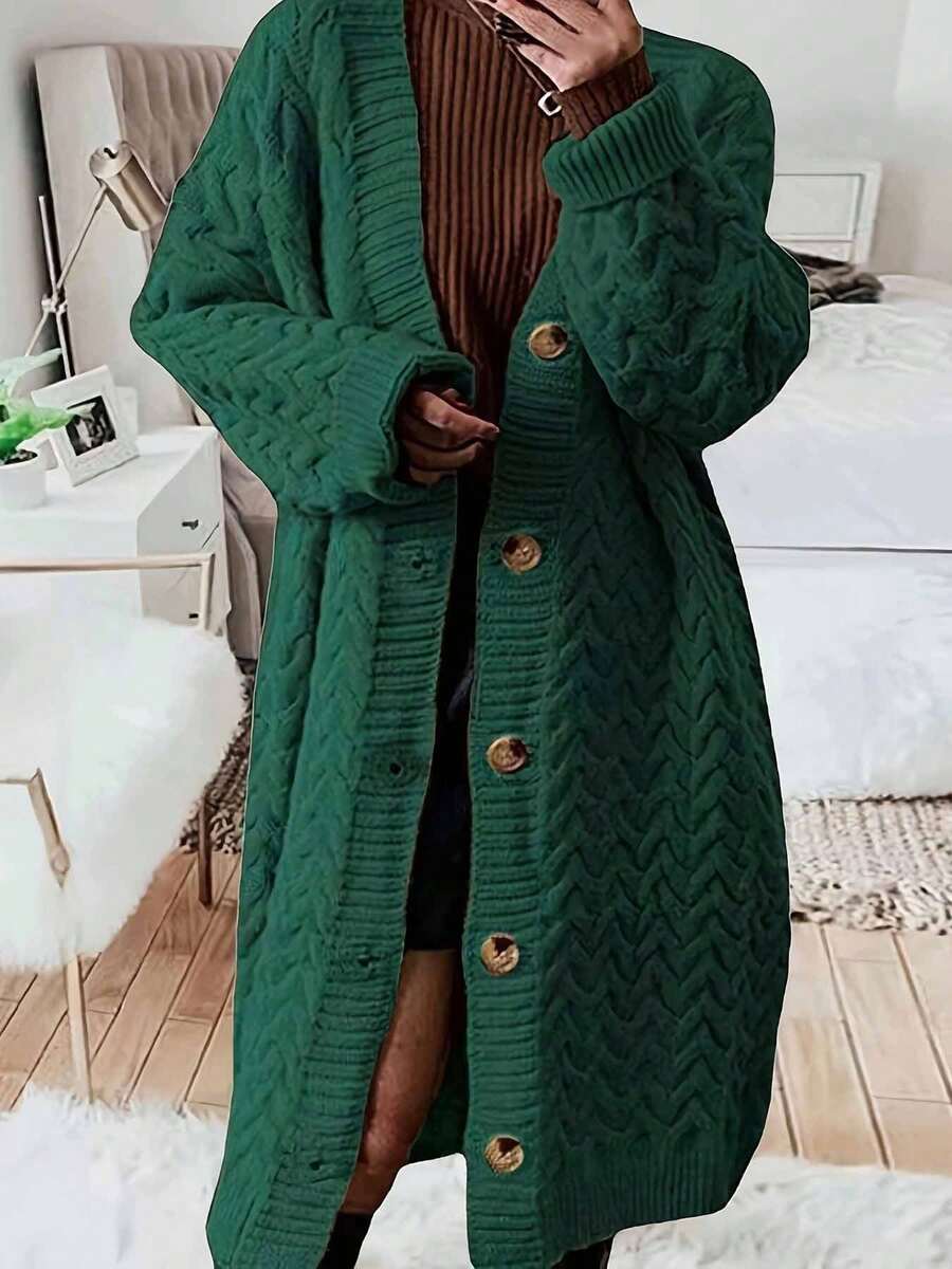 Plus Size Women's Solid Color Minimalist Long Knitted Cardigan, Everyday Wear, Winter Fall - Green - View 1