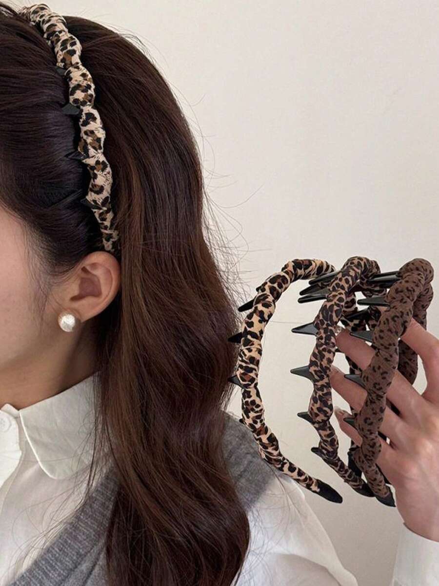1 pieza Diadema ancha con estampado de leopardo, diadema tejida de unicolor, accesorio de moda para el cabello adecuado para el uso diario de las mujeres, aro para el cabello
