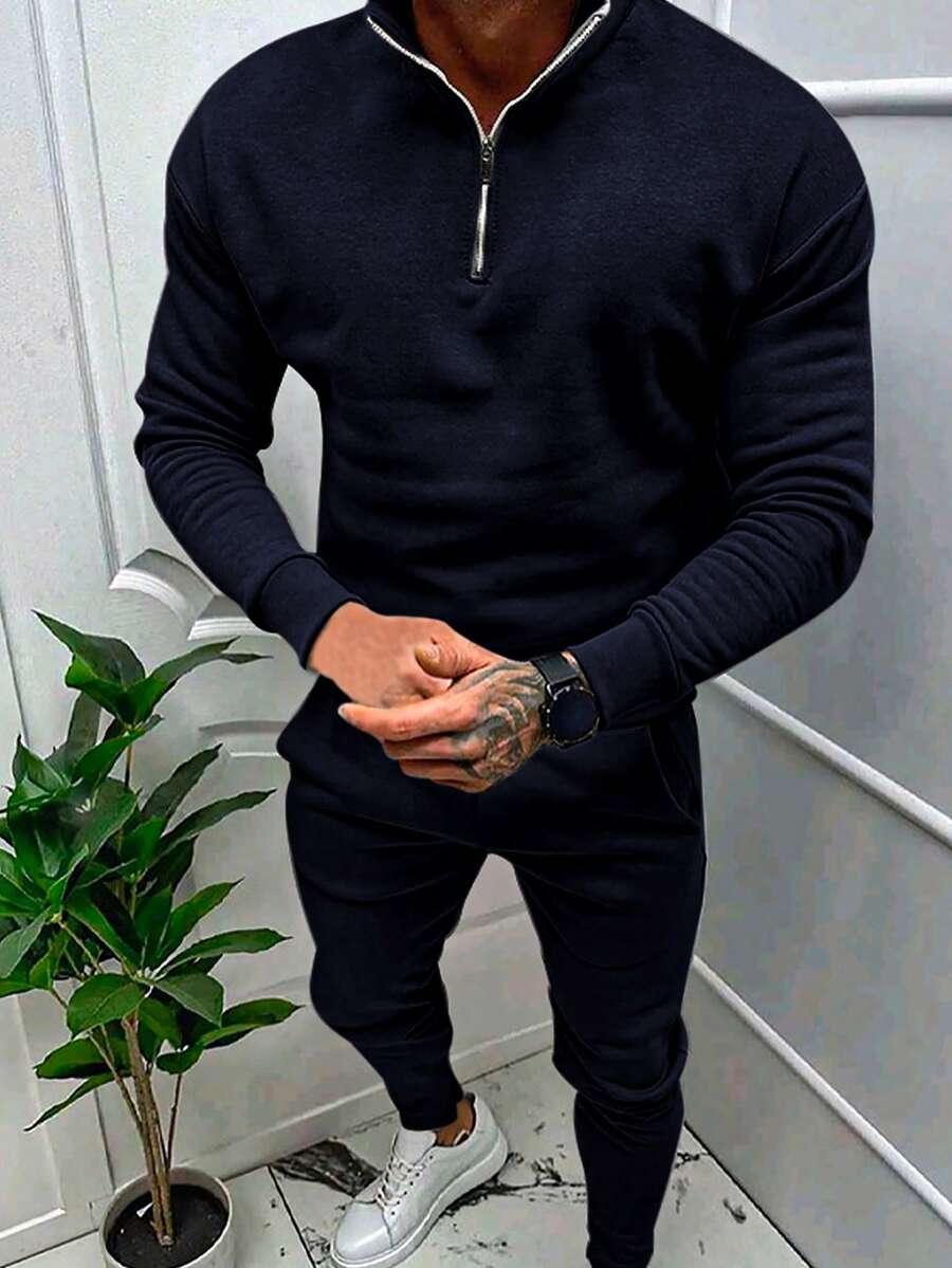 2件套男士休闲长袖运动衫和裤子套装 - 藏蓝色 - 查看 1