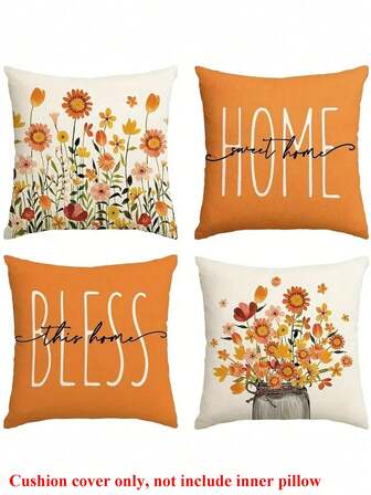 4 fundas de cojín con estampado floral naranja, impresión de un solo lado, fundas de almohada cuadradas para sala de estar, sofá, dormitorio, adecuadas para la decoración de granja de primavera/verano, aplicables para todas las estaciones