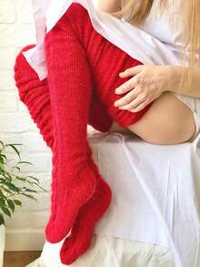 1 Đôi tất len cao đến đùi màu trơn, tất trùm đầu gối, lót nhiệt dày dành cho nữ, thích hợp cho mùa thu/đông, ngày lễ và tụ họp, tất ấm áp - Đỏ - Xem 3