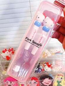 Sanrio 2pcs Stainless Steel Sanrio Hello Kitty & Kuromi Cutlery Set - Portable Cartoon Fork & Spoon Combo, Perfect For Kitchen, Dining, Camping, Picnics, And Christmas Gifts