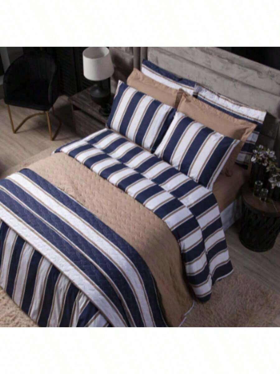 Printed Bed Sheet Set 4 Pieces 100% COTTON Single Double Queen King Palito Stitch - 藍色條紋 - 查看 1