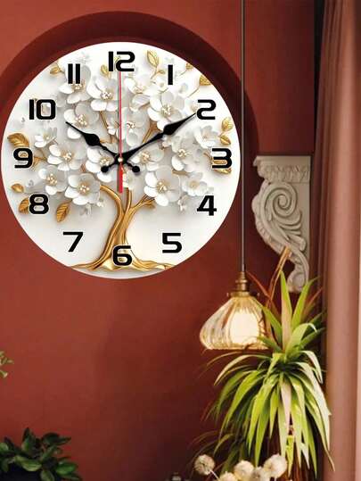 PC 10In 12In Elegante Silent Wand Klok Wit Bloemen Goud Tree Wood Veneer Perfect Living Room, Bedroom, Kitchen, Office Or Birthday Home Room view 2