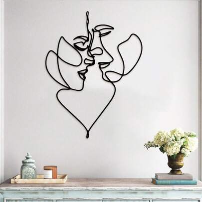 1 pieza Arte de pared de líneas de rostro de pareja abstracta, líneas de rostro de amantes, decoración de pared de metal negro moderno para el hogar, arte colgante de pared para decoración del hogar, dormitorio, comedor, baño, sala de estar, disponible en 3 tamaños