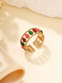 1pc Stainless Steel Golden Yellow, Fashionable And Simple, Multi-Color Oil Drop Craft Open Women's Ring, Suitable For Daily Wear Or Gift Giving