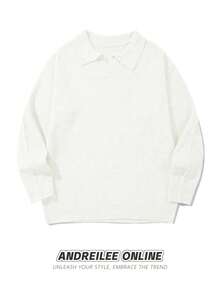 男士休闲宽松纯色 Polo 领轻薄长袖针织套头衫，通勤百搭，适合秋冬季穿着 - 白色 - 查看 4