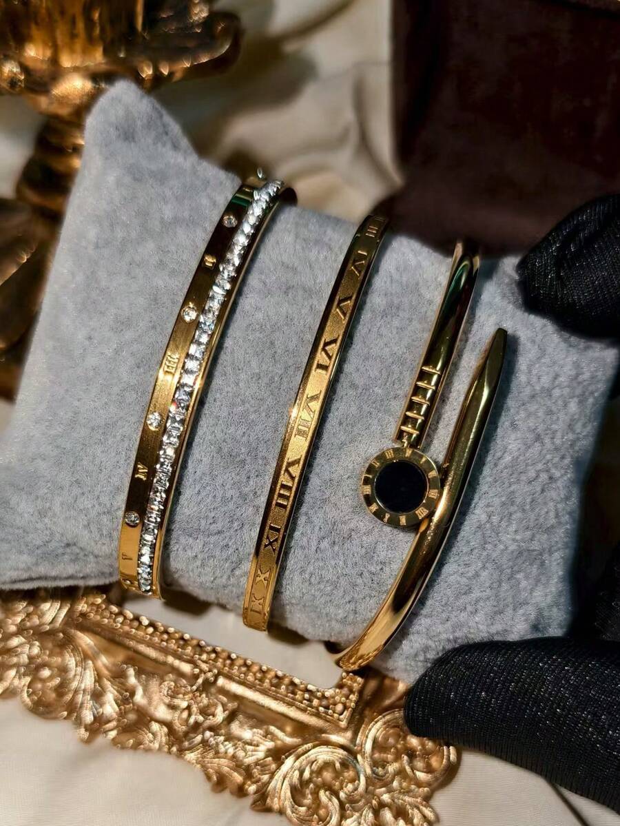 1/3 مجموعة أساور من الفولاذ المقاوم للصدأ بأرقام رومانية، مجوهرات أنيقة للنساء للاستخدام اليومي، هدية، مقاومة للماء والتلاشي - الذهبي - مشاهدة 1