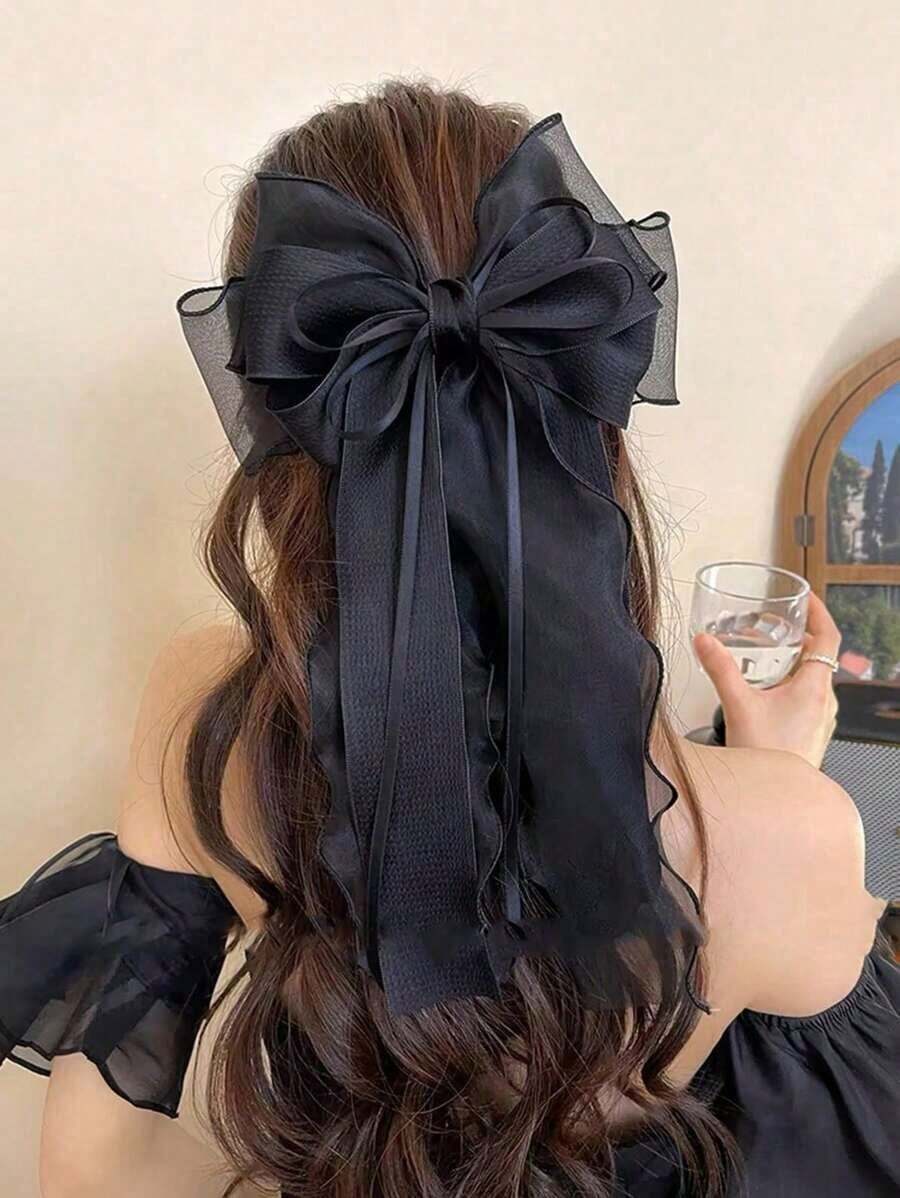 Topshiny 1pc Elegant Soft Black Lace Net Bow Decor Hair Clip With Ribbon Claw Clips Hair Claws Hair Barrettes, School Stuff, College, Bows, Cute - 黑色 - 查看 1