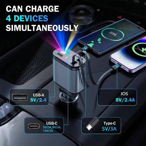 Carregador Rápido para Carro de 66W com Lâmpada Projetora de Céu Estrelado, Cabos de Carregamento Retráteis, Acessórios Automotivos Carregador Veicular USB 4 em 1 PD