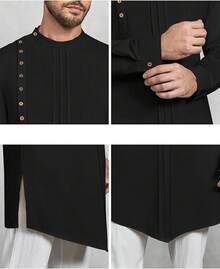 Mens Long Sleeve Robe Gown Casual Cotton Linen Button Muslim Shirt - Negro - Ver 5